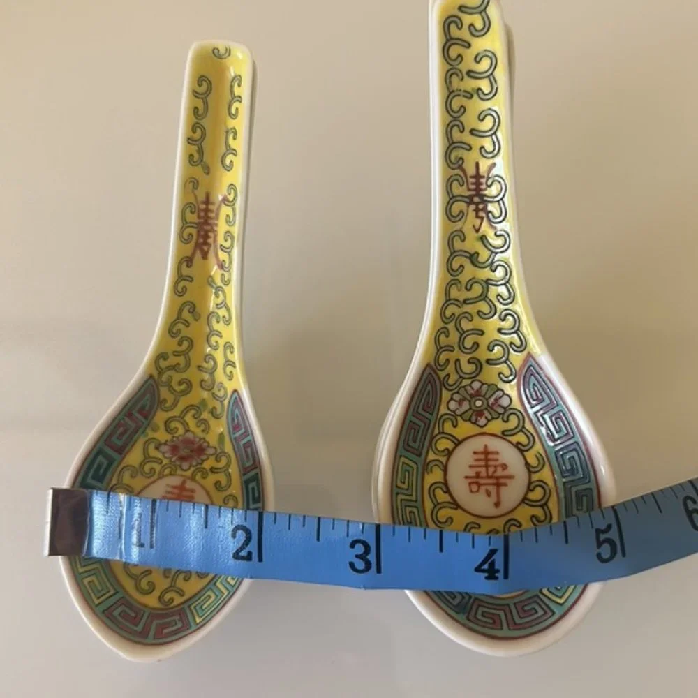 China Jingdezhen Wanshou Porcelain Soup Spoons Yellow Hand Painted Set of 7